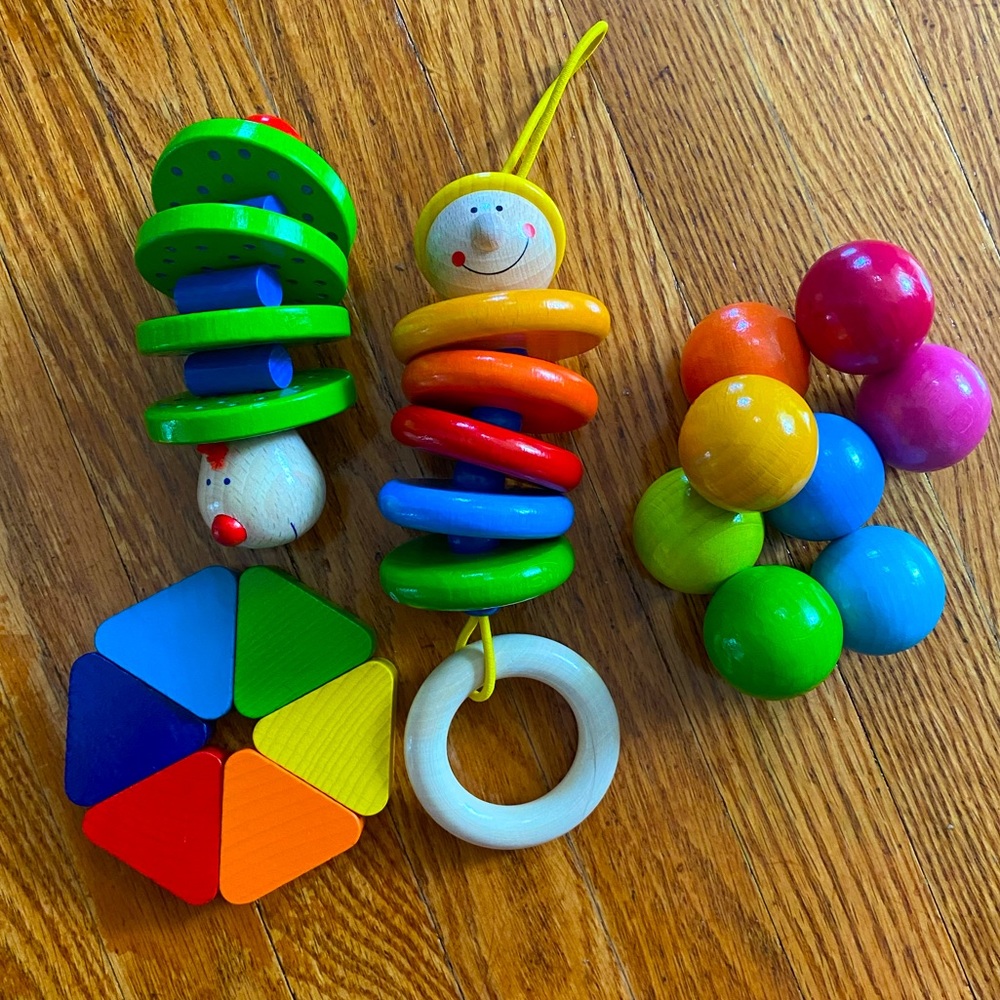 4 Haba brand wooden baby toys, car seat toy, teether, long lasting sustainable